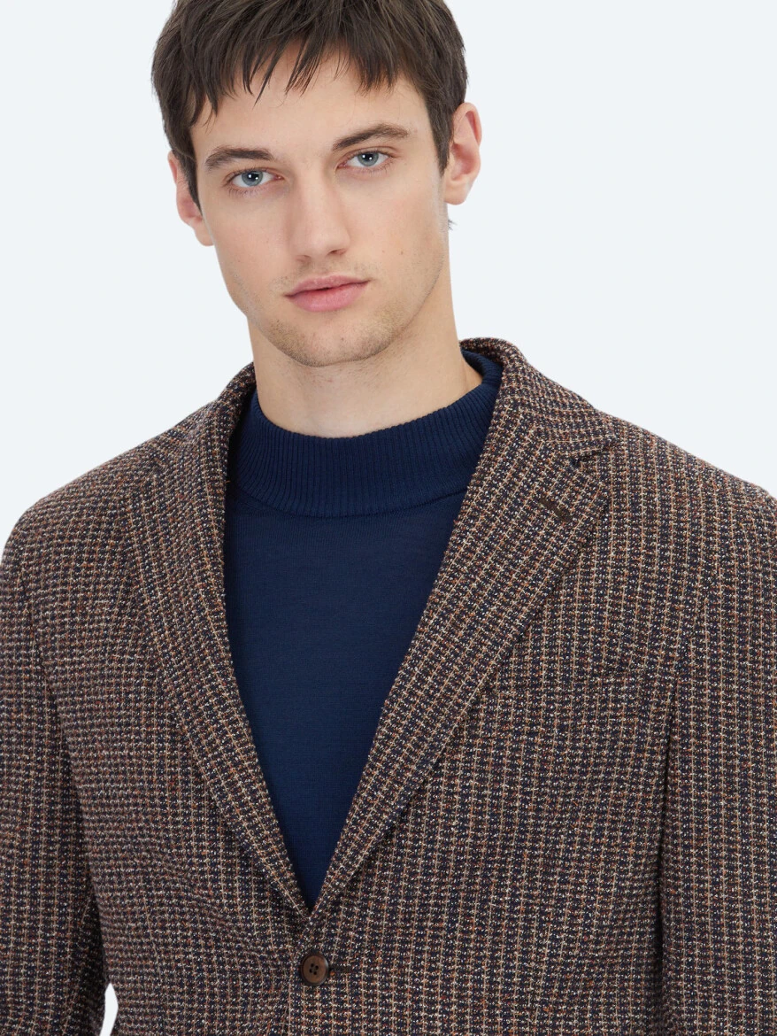 Lacivert Desenli Modern Fit Pamuk Karışımlı Örme Ceket - 3