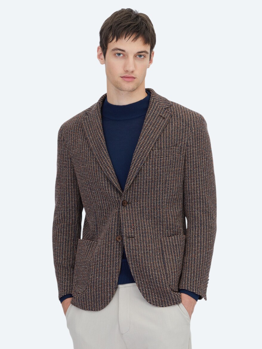 Lacivert Desenli Modern Fit Pamuk Karışımlı Örme Ceket - KİP