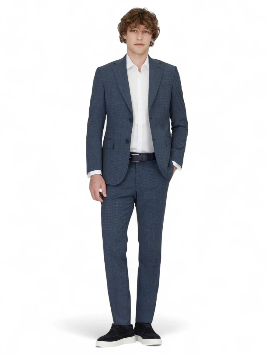 Lacivert Desenli Modern Fit Yün Karışımlı Takım Elbise - 2