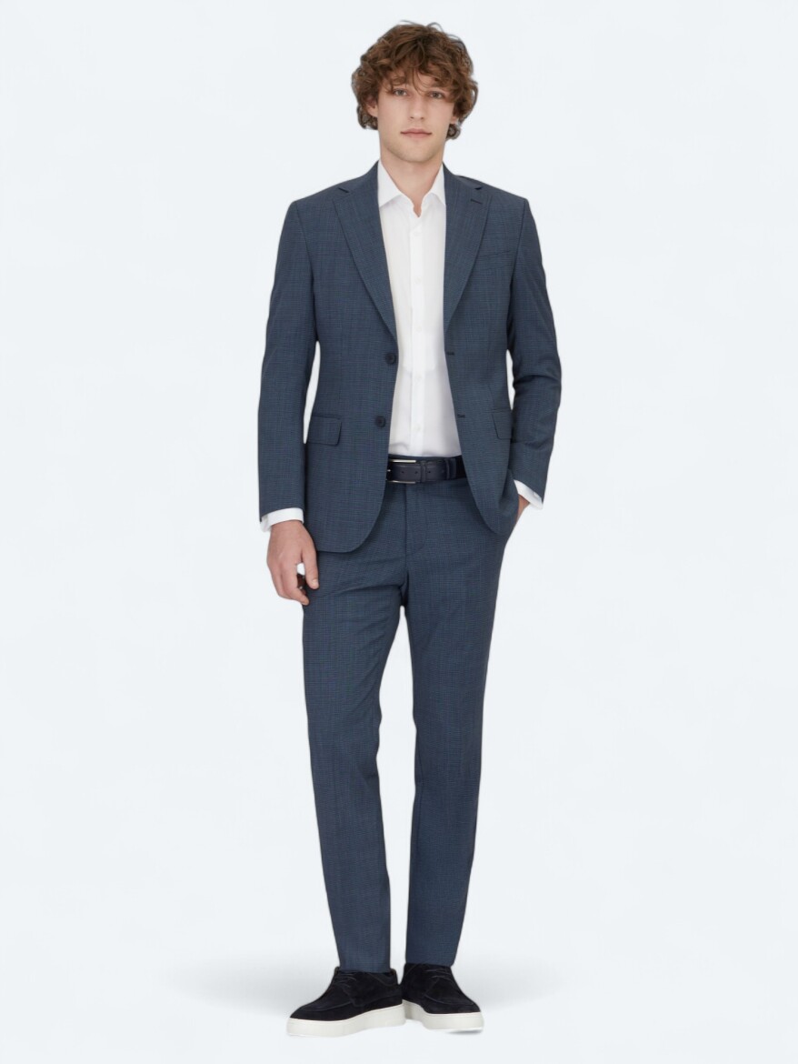 Lacivert Desenli Modern Fit Yün Karışımlı Takım Elbise - KİP