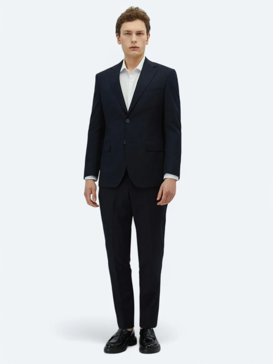 Lacivert Desenli Modern Fit Yün Karışımlı Takım Elbise - 2