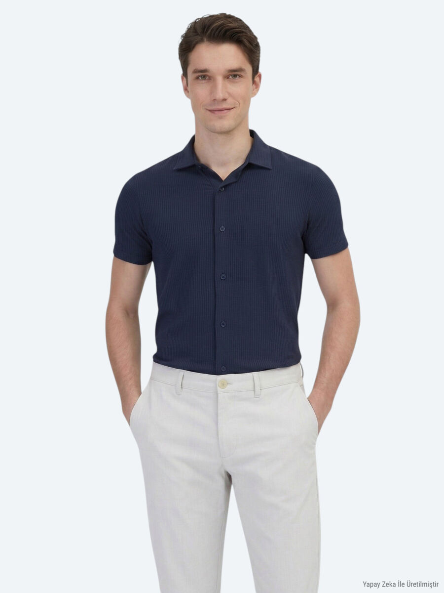 Lacivert Desenli Regular Fit Kısa Casual Gömlek - 1