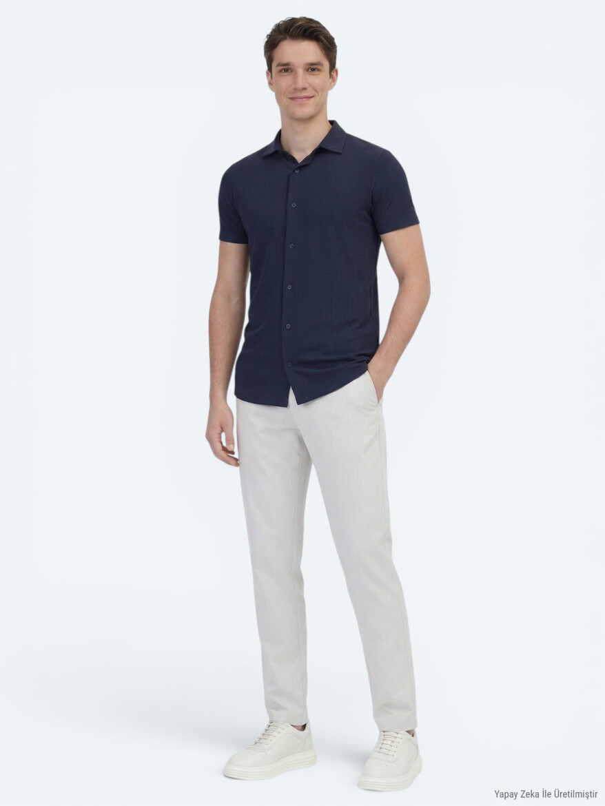 Lacivert Desenli Regular Fit Kısa Casual Gömlek - 4