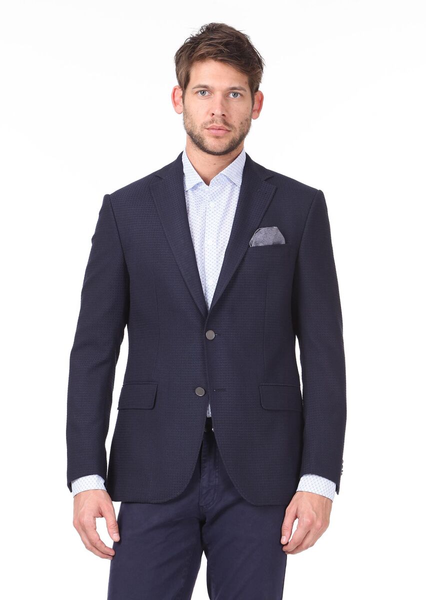 Lacivert Desenli Regular Fit Yün Karışımlı Ceket - 3