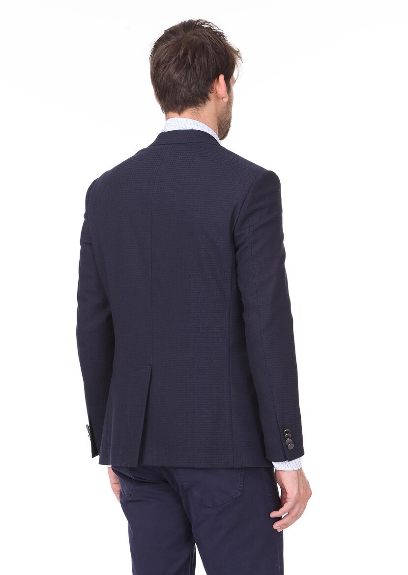 Lacivert Desenli Regular Fit Yün Karışımlı Ceket - 4