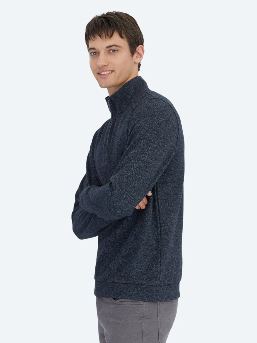 Lacivert Dik Yaka Çizgili Sweatshırt - 3