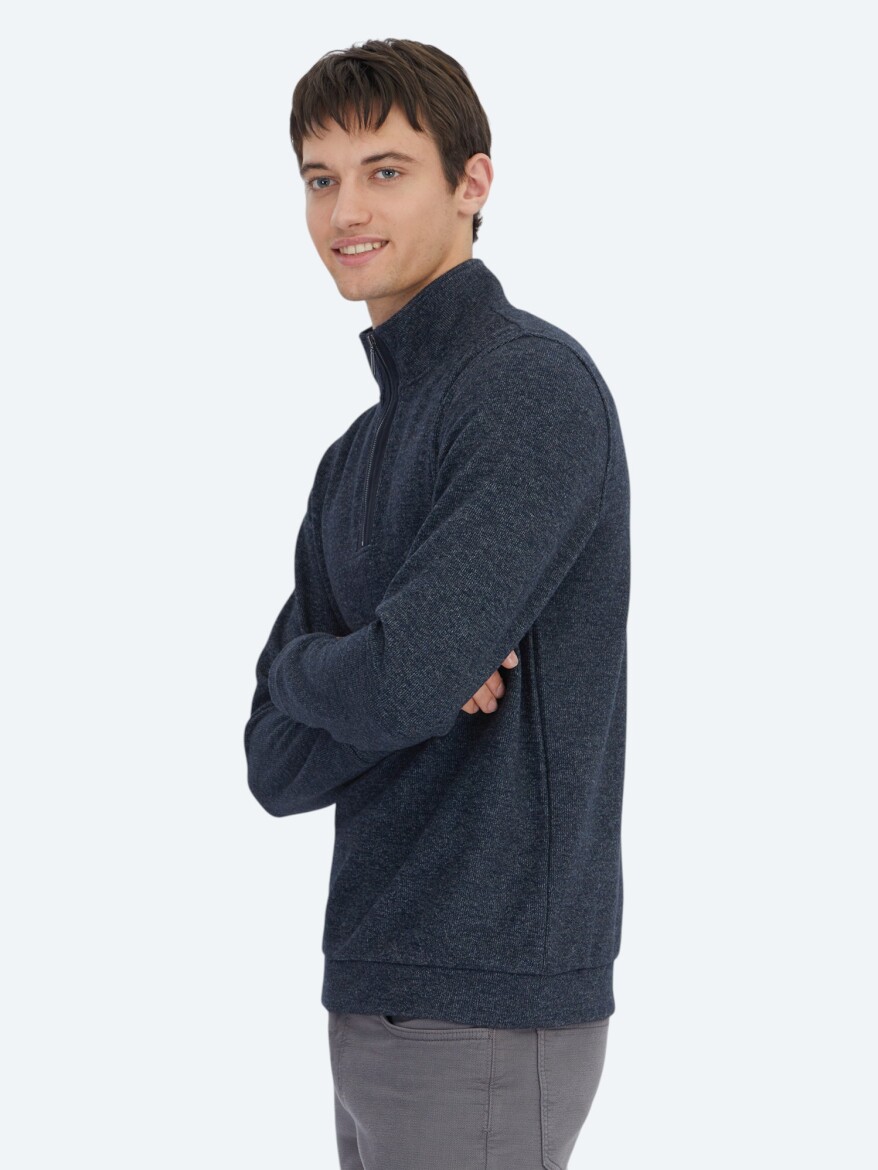 Lacivert Dik Yaka Çizgili Sweatshırt - 3