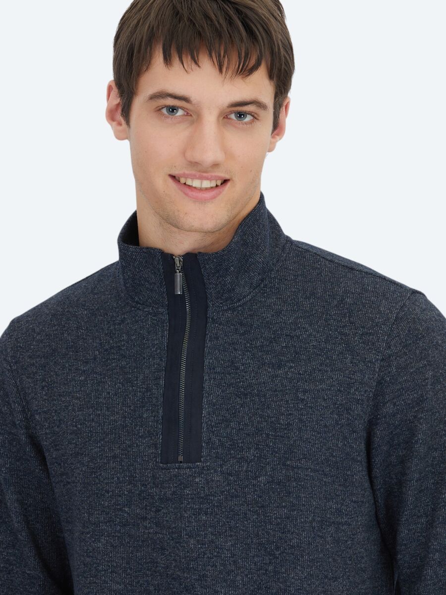 Lacivert Dik Yaka Çizgili Sweatshırt - 4