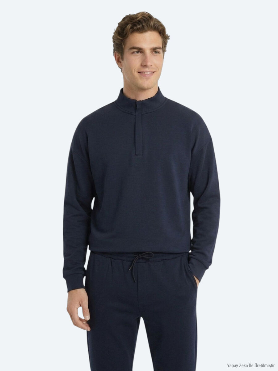 Lacivert Dik Yaka Düz Sweatshırt - 1