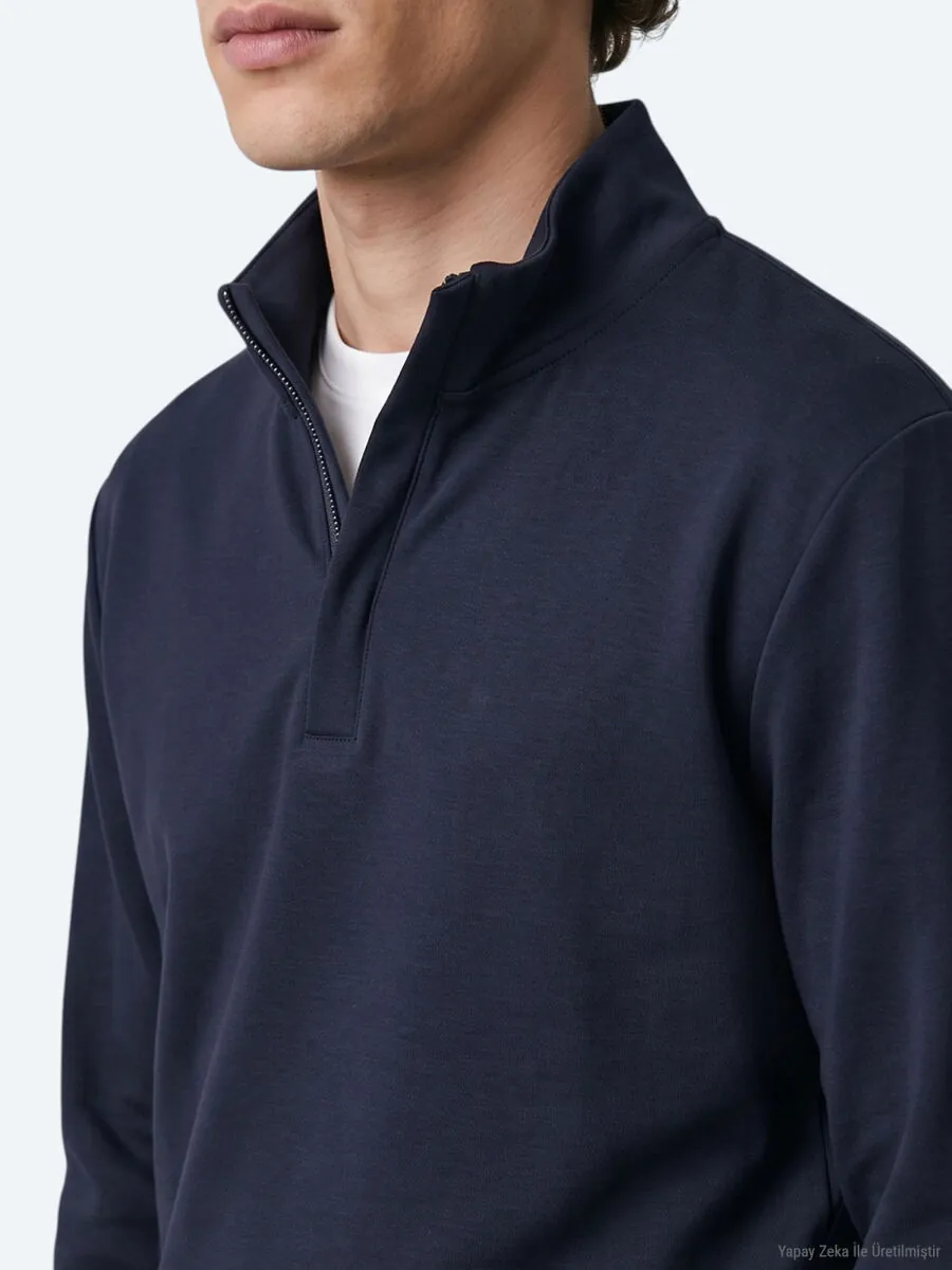 Lacivert Dik Yaka Düz Sweatshırt - 5