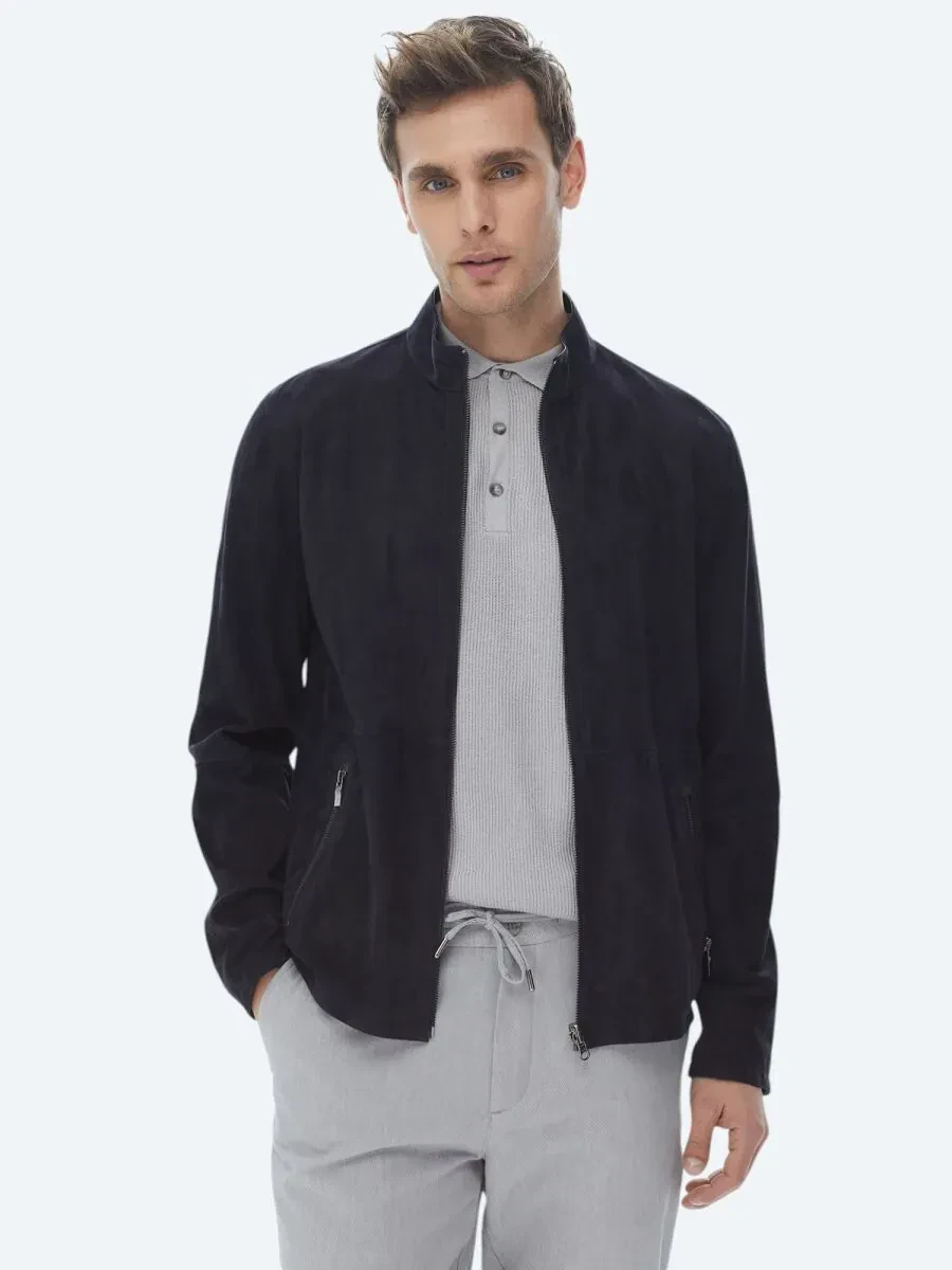 Lacivert Dik Yaka Smart Casual Çift Taraflı Deri Mont - 1