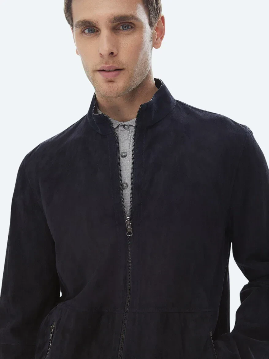 Lacivert Dik Yaka Smart Casual Çift Taraflı Deri Mont - 2