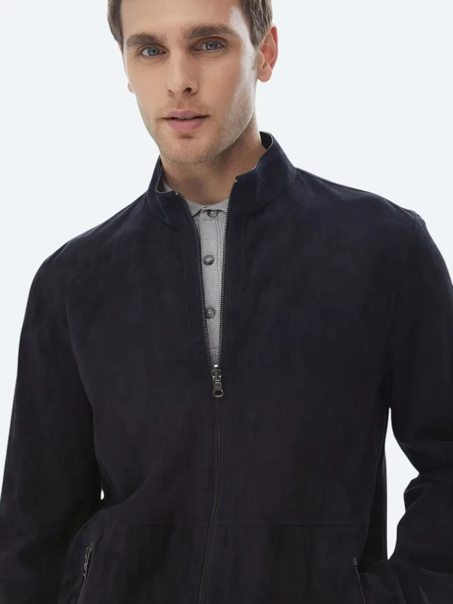 Lacivert Dik Yaka Smart Casual Çift Taraflı Deri Mont - 2