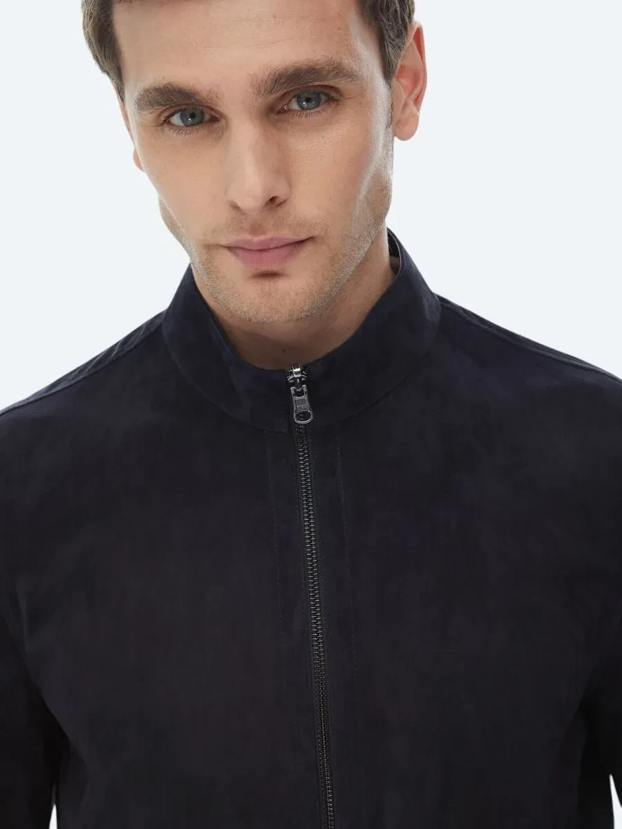 Lacivert Dik Yaka Smart Casual Çift Taraflı Deri Mont - 5