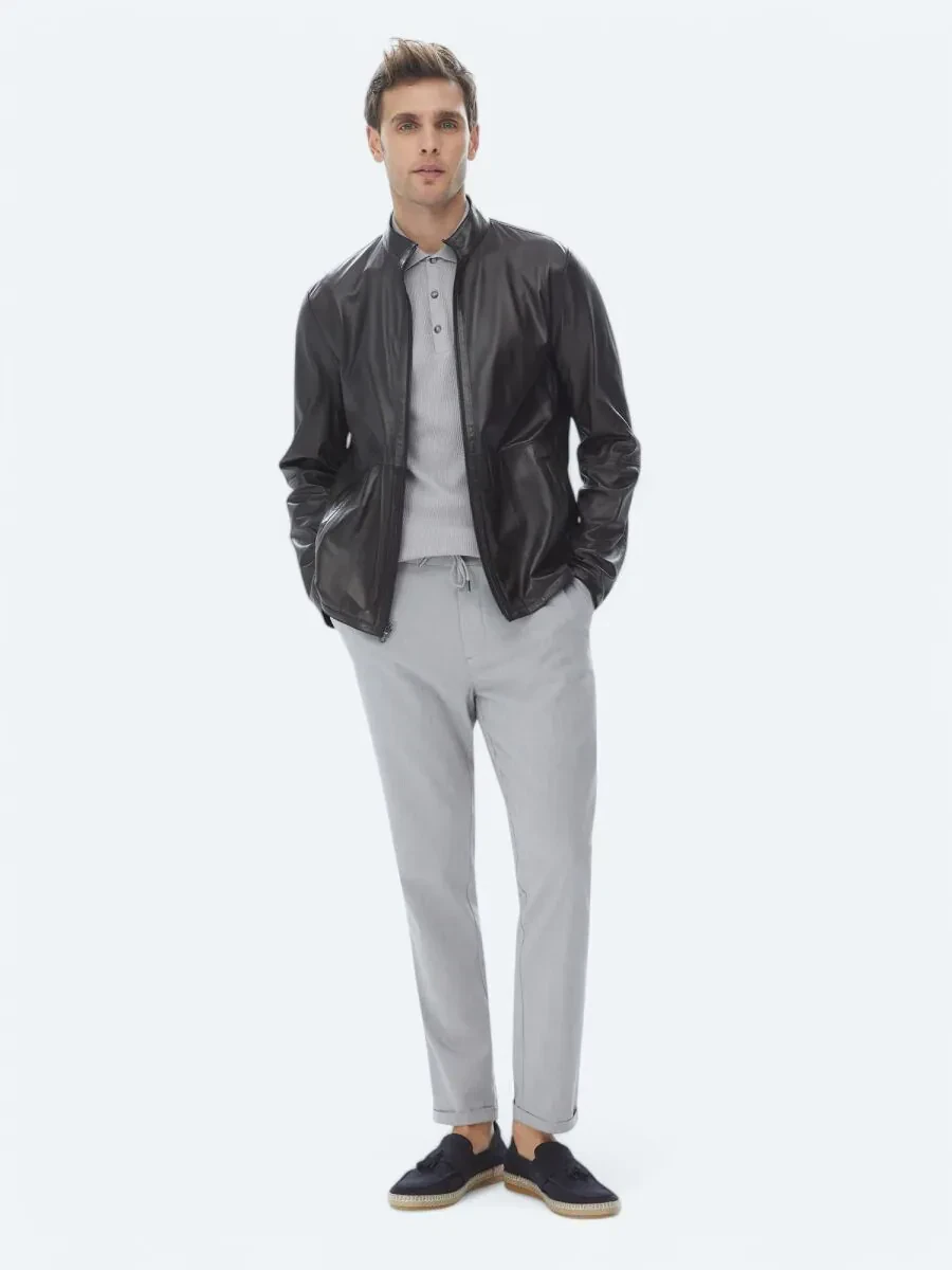 Lacivert Dik Yaka Smart Casual Çift Taraflı Deri Mont - 8