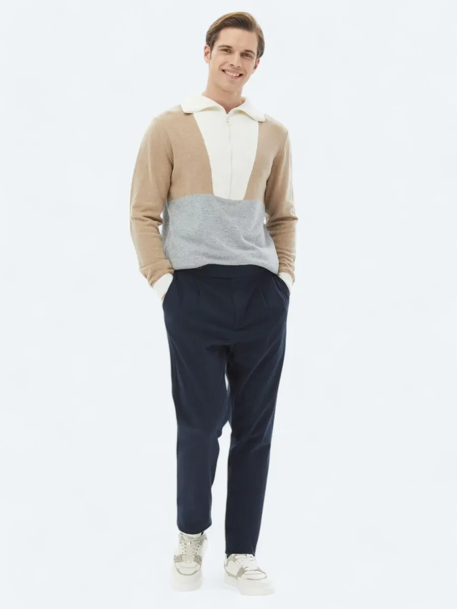 Lacivert Dokuma Carrot Fit Casual Pamuk Karışımlı Pantolon - 3