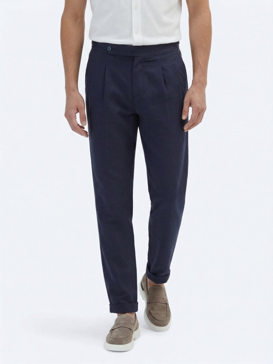 Lacivert Dokuma Carrot Fit Casual Pamuk Karışımlı Pantolon - 2