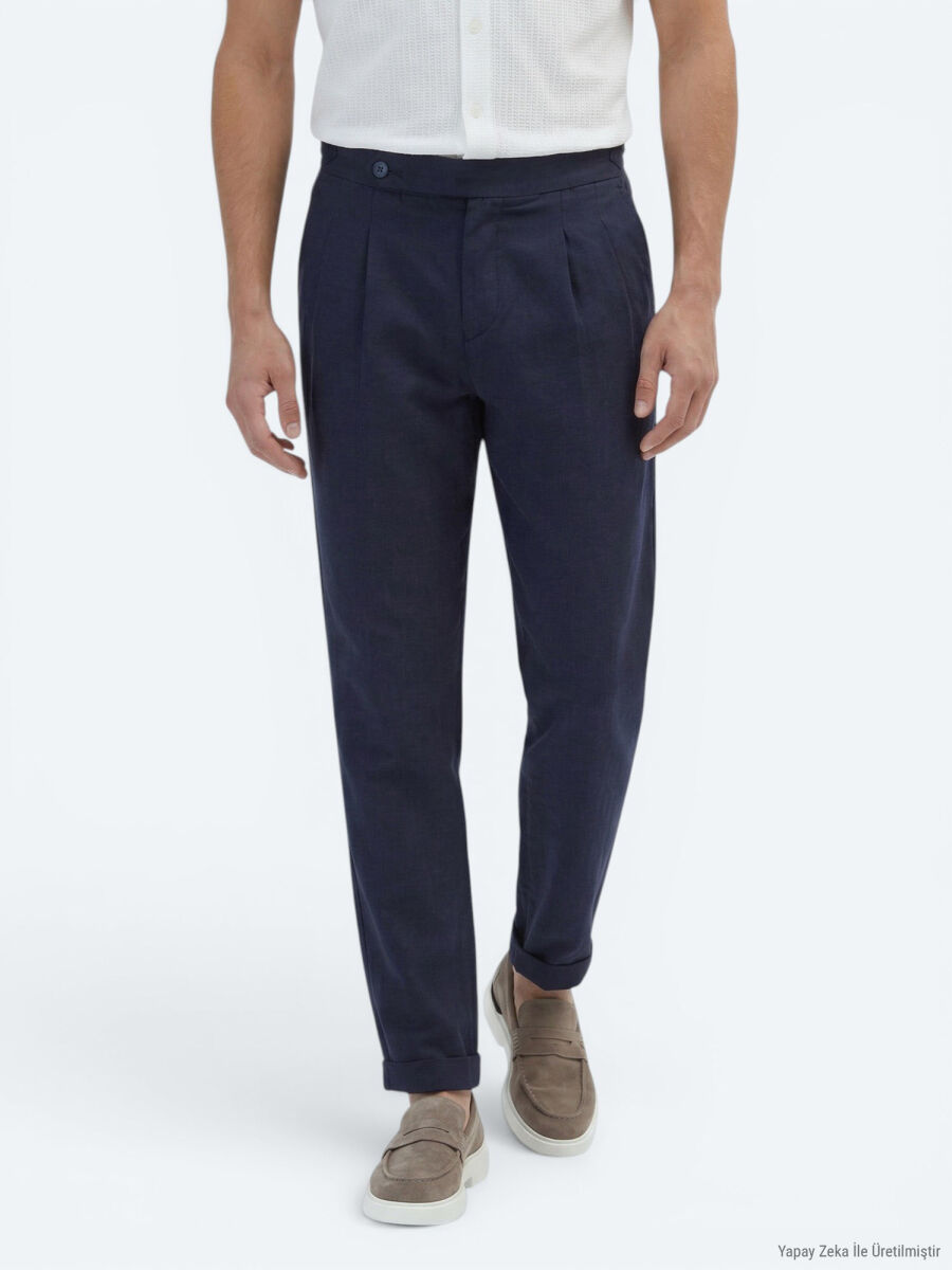 Lacivert Dokuma Carrot Fit Casual Pamuk Karışımlı Pantolon - 2