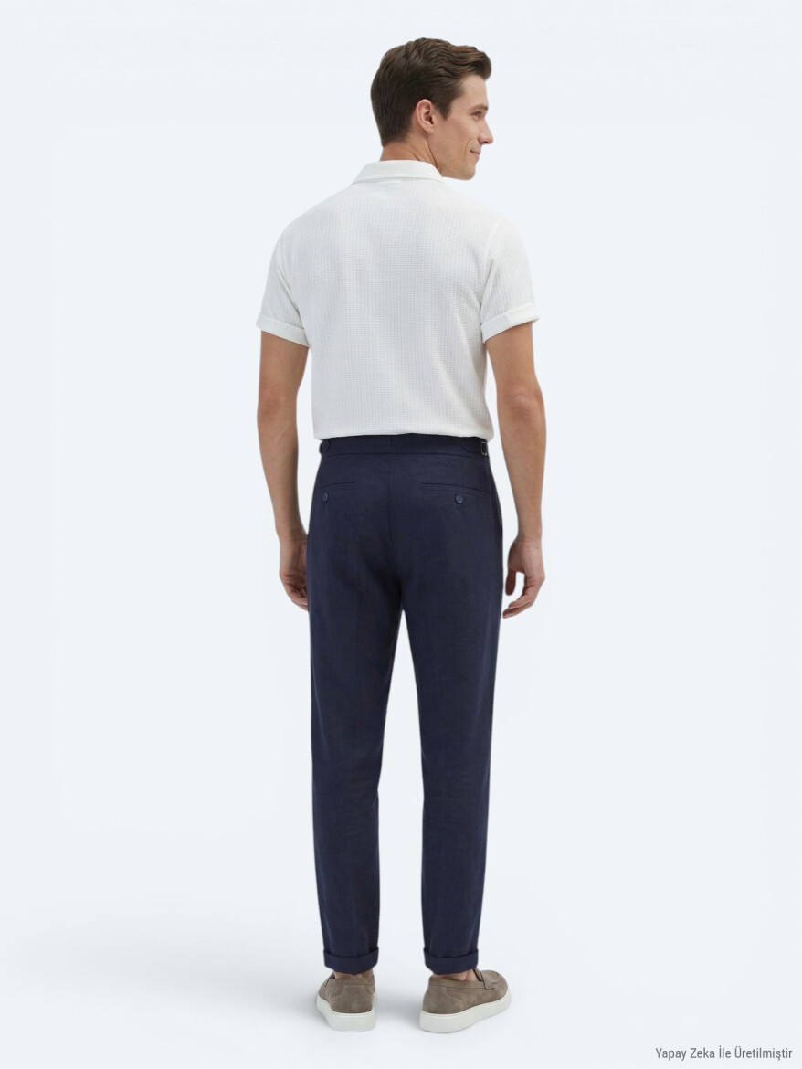 Lacivert Dokuma Carrot Fit Casual Pamuk Karışımlı Pantolon - 4