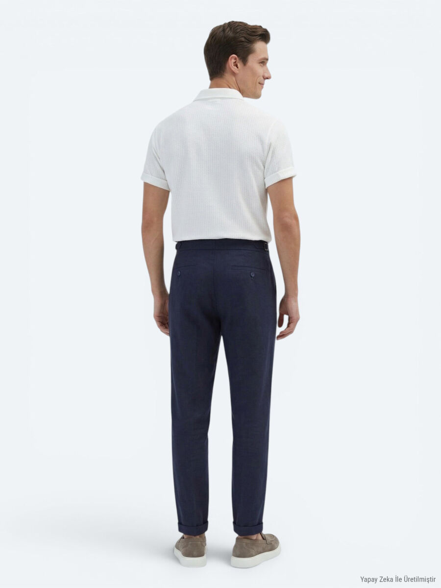 Lacivert Dokuma Carrot Fit Casual Pamuk Karışımlı Pantolon - 4