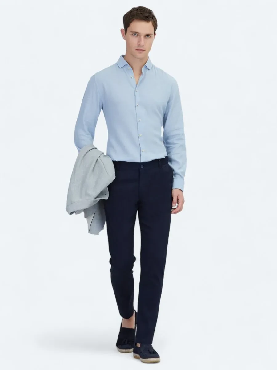 Lacivert Dokuma Casual Pamuk Karışımlı Pantolon - 2