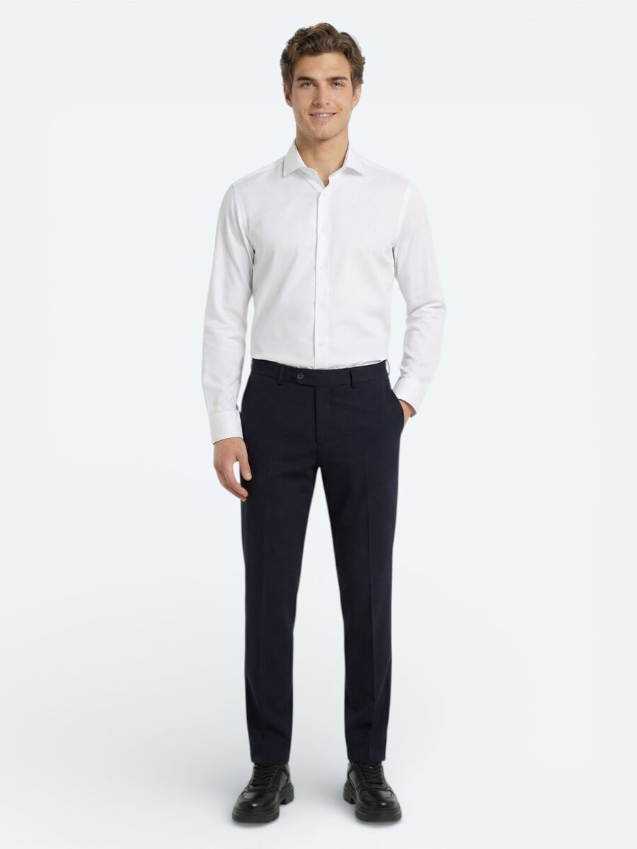 Lacivert Dokuma Fitted Fit Klasik Yün Karışımlı Pantolon - 1