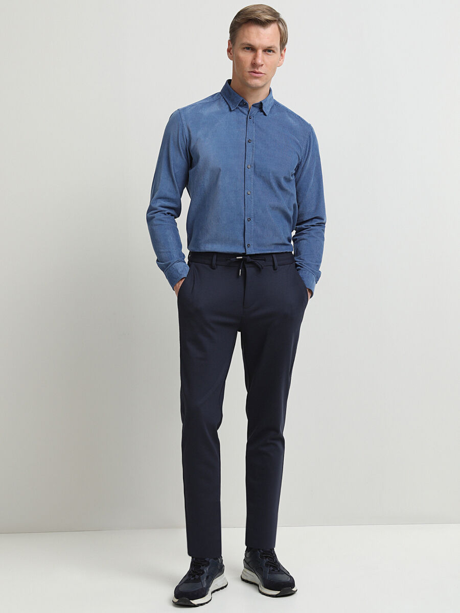 Lacivert Dokuma Fitted Fit Smart Casual Pantolon - 1