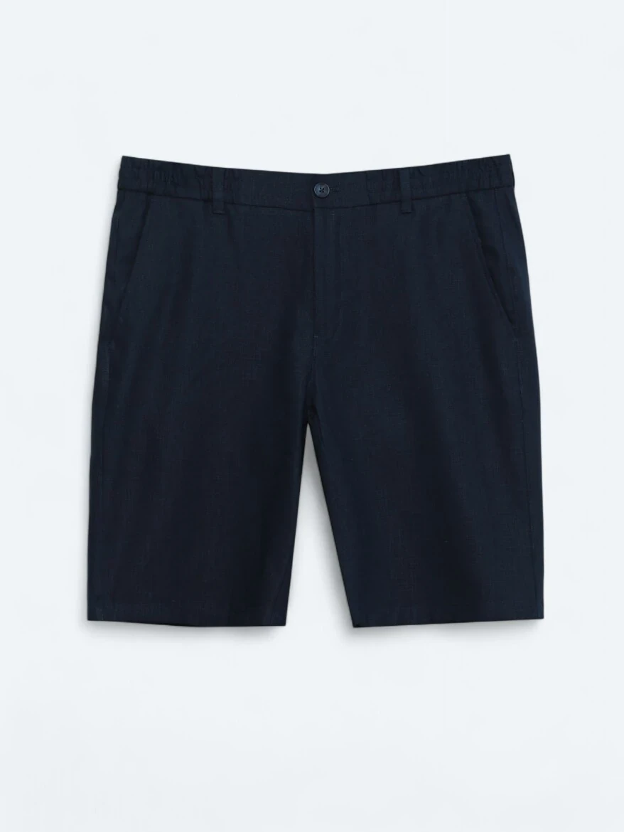 Lacivert Dokuma Jogging Fit Casual Pamuk Karışımlı Bermuda 