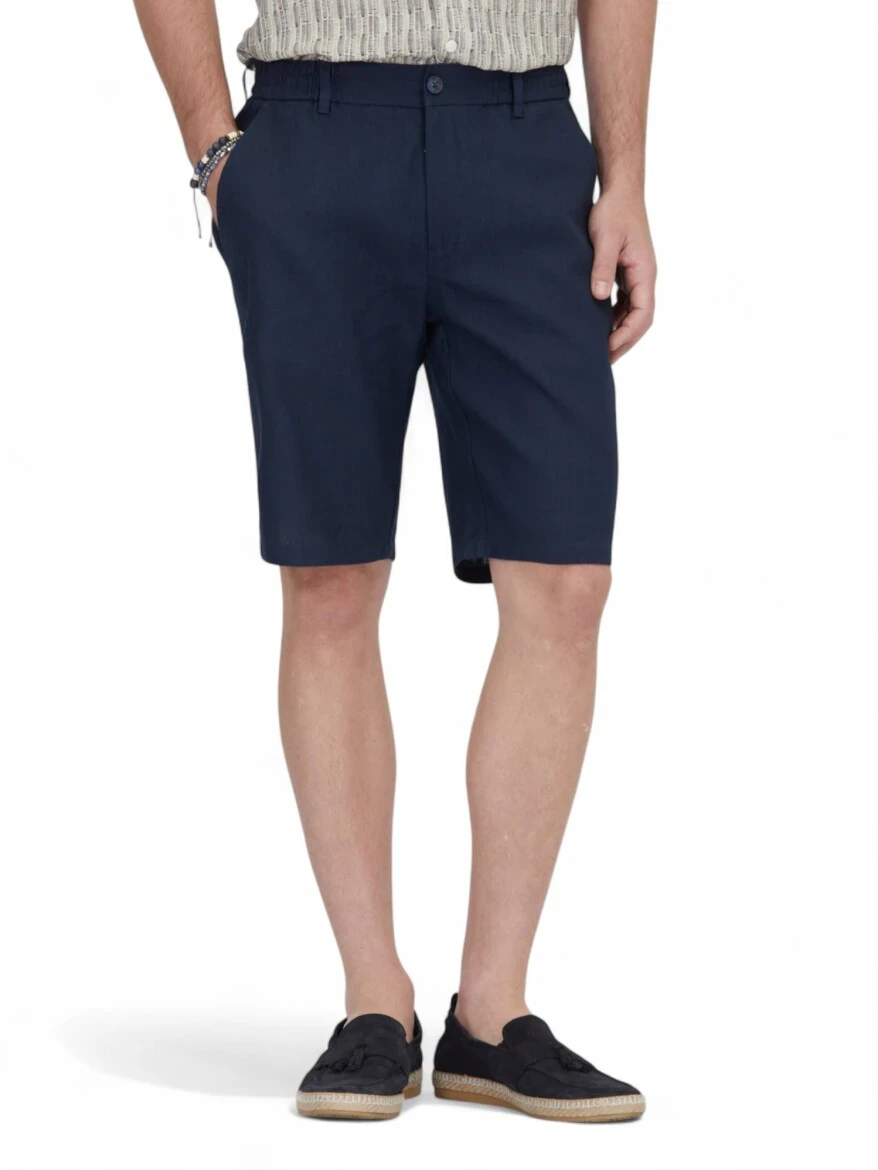 Lacivert Dokuma Jogging Fit Casual Pamuk Karışımlı Bermuda - 2
