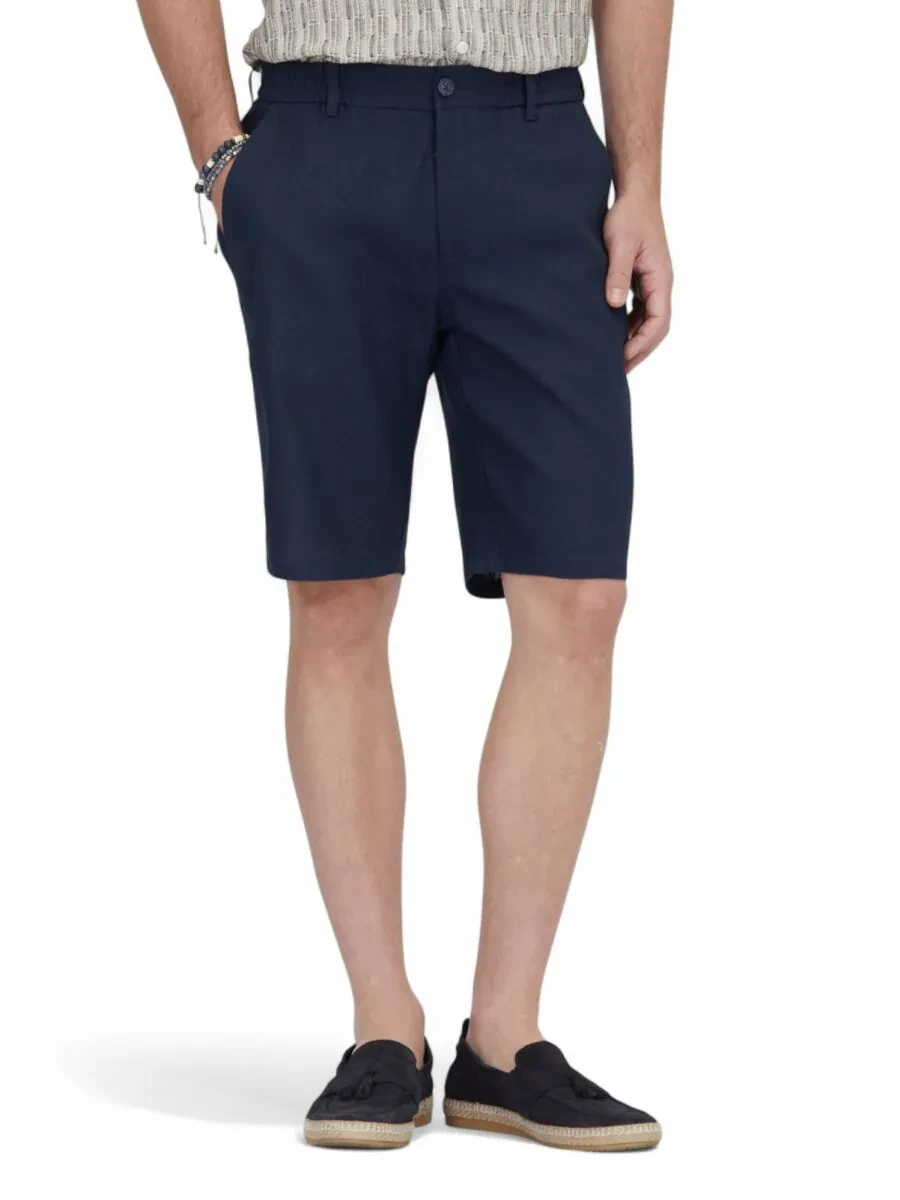 Lacivert Dokuma Jogging Fit Casual Pamuk Karışımlı Bermuda - 2