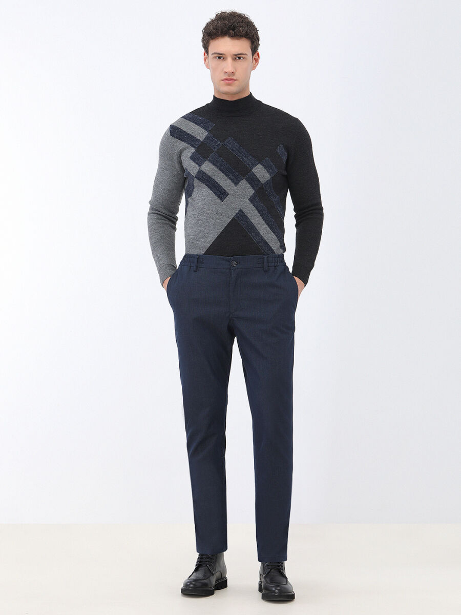 Lacivert Dokuma Jogging Fit Casual Pamuk Karışımlı Pantolon - 2