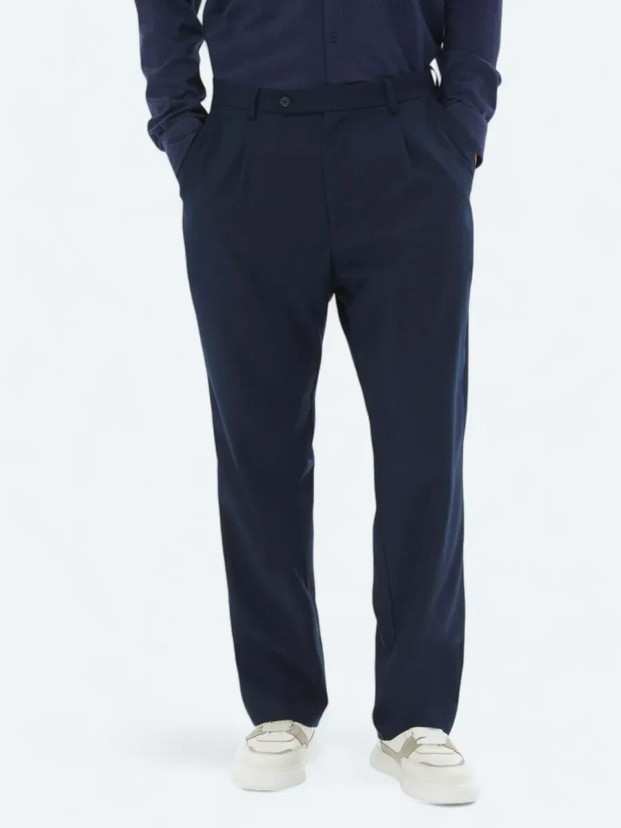 Lacivert Dokuma Loose Fit Casual Pantolon - 2