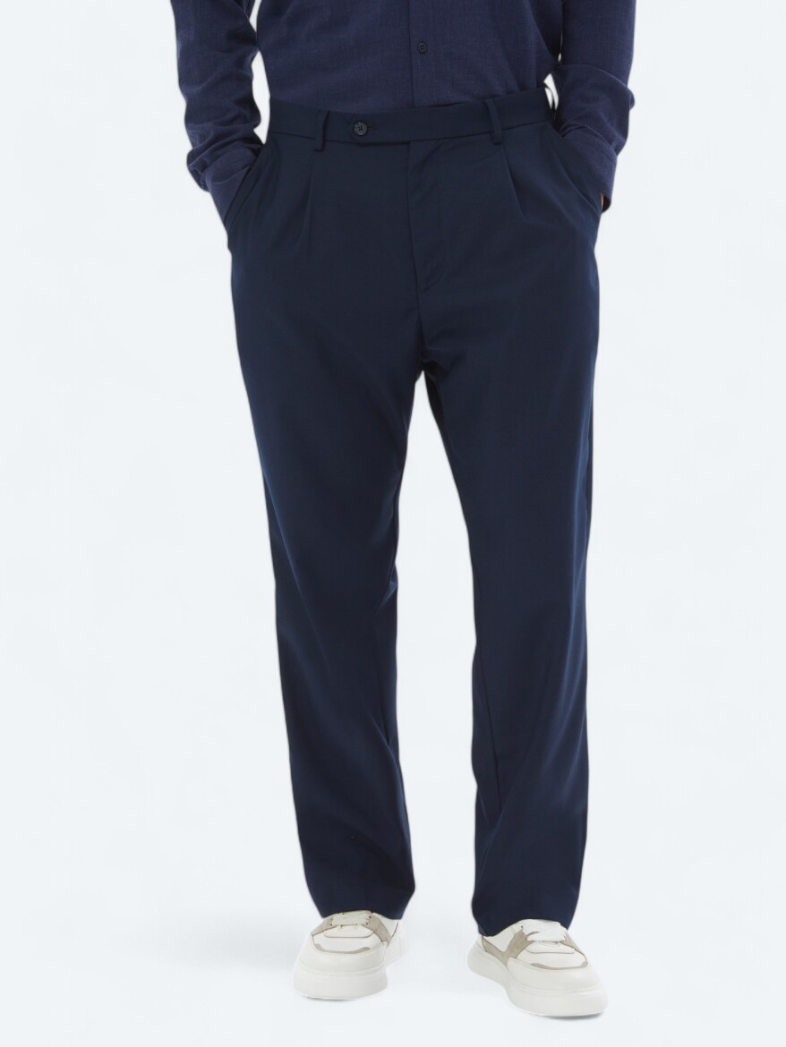 Lacivert Dokuma Loose Fit Casual Pantolon - KİP