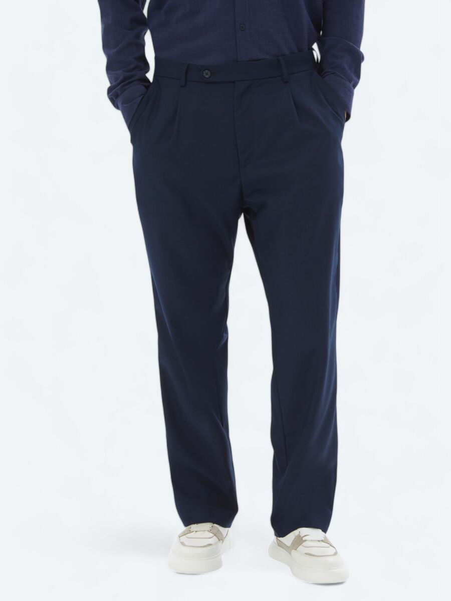 Lacivert Dokuma Loose Fit Casual Pantolon - 2