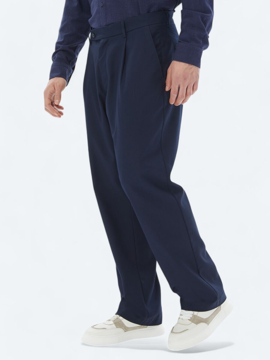 Lacivert Dokuma Loose Fit Casual Pantolon - 3