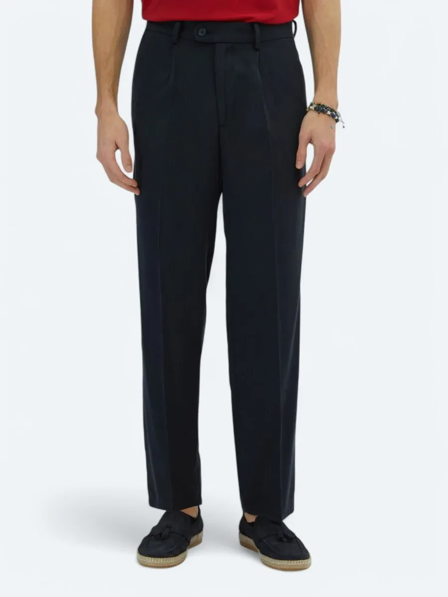 Lacivert Dokuma Loose Fit Casual Pantolon - 2