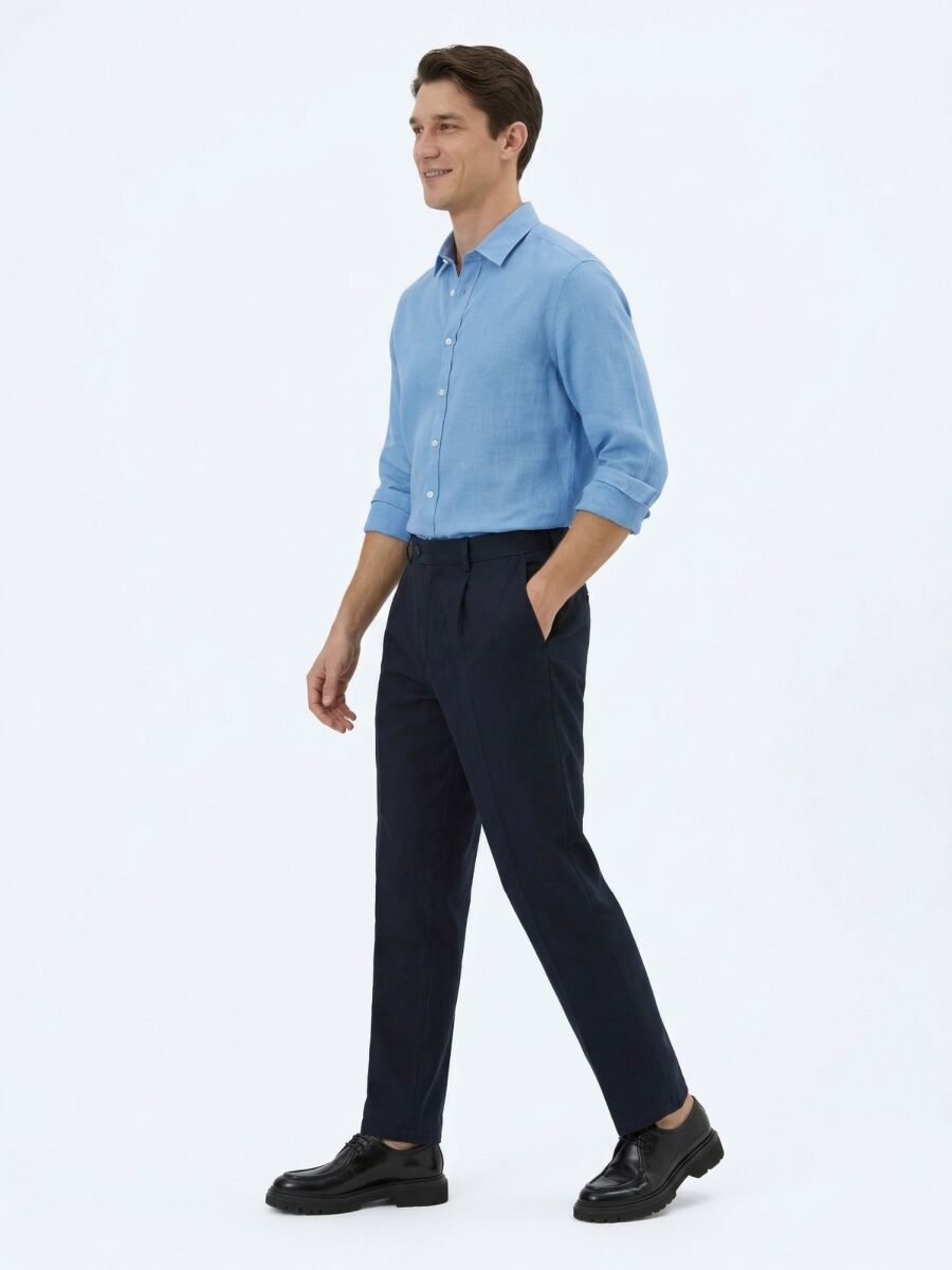 Lacivert Dokuma Loose Fit Casual Pantolon - 3