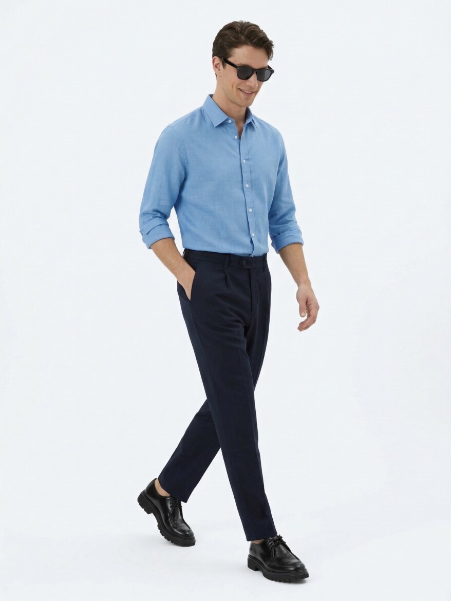 Lacivert Dokuma Loose Fit Casual Pantolon - 4