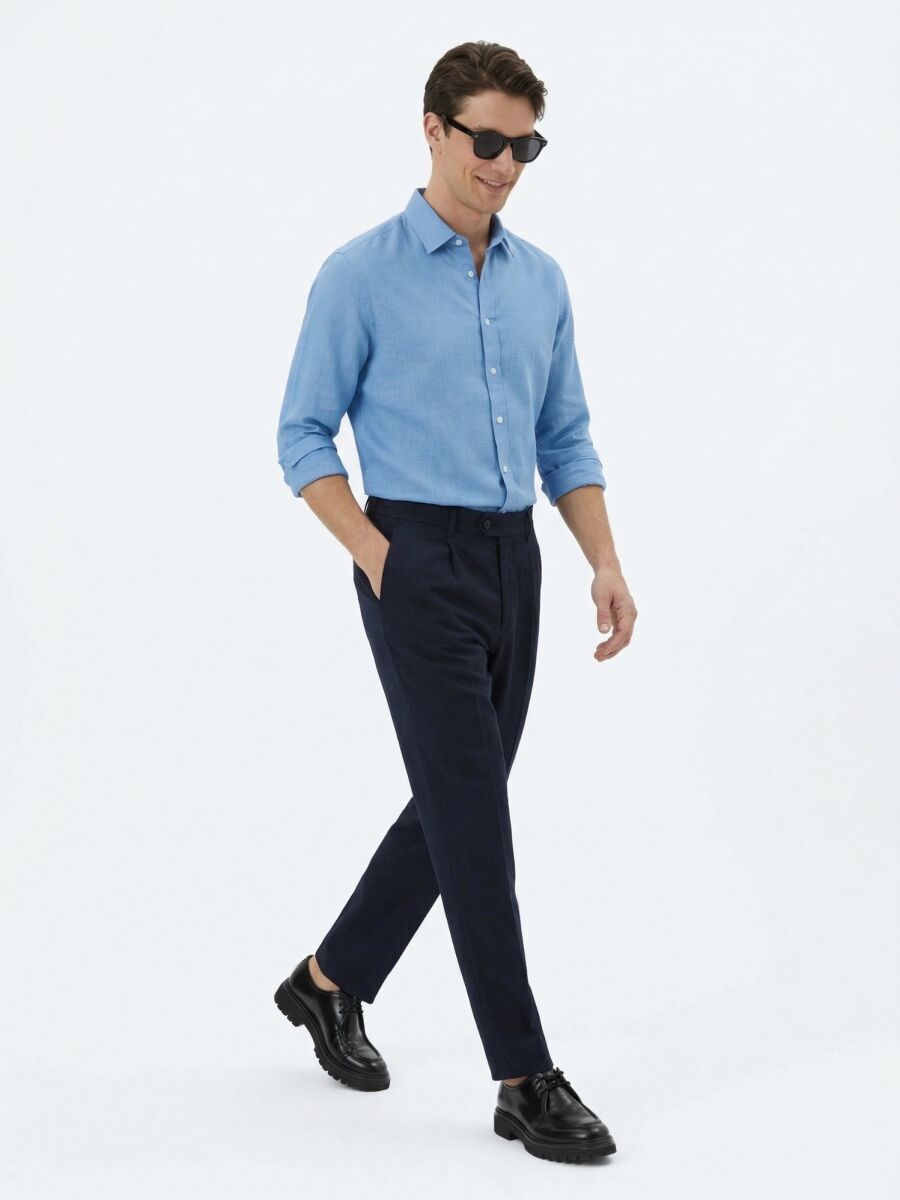 Lacivert Dokuma Loose Fit Casual Pantolon - 4