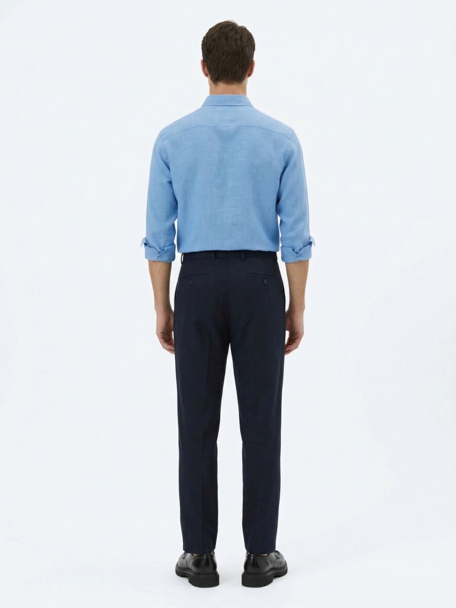 Lacivert Dokuma Loose Fit Casual Pantolon - 5