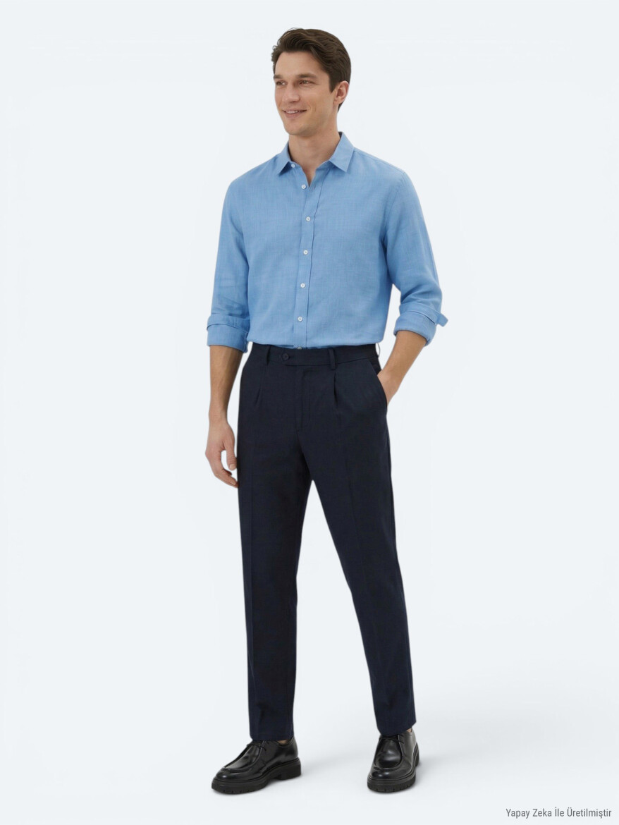 Lacivert Dokuma Loose Fit Casual Pantolon 