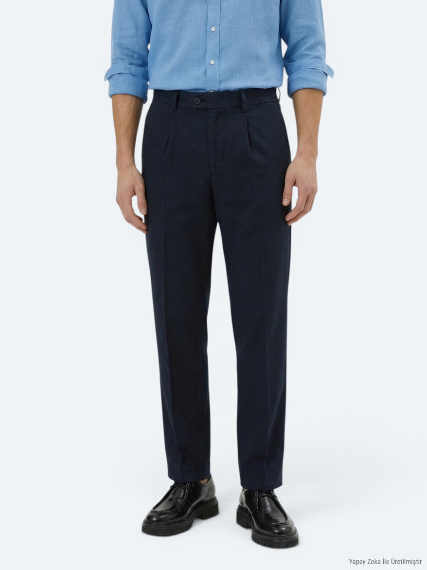 Lacivert Dokuma Loose Fit Casual Pantolon - 2