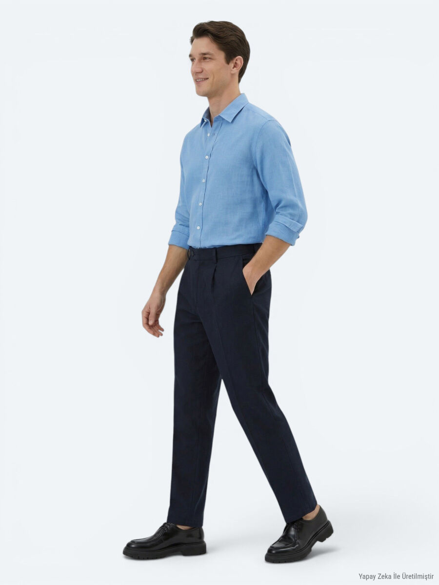 Lacivert Dokuma Loose Fit Casual Pantolon - 3