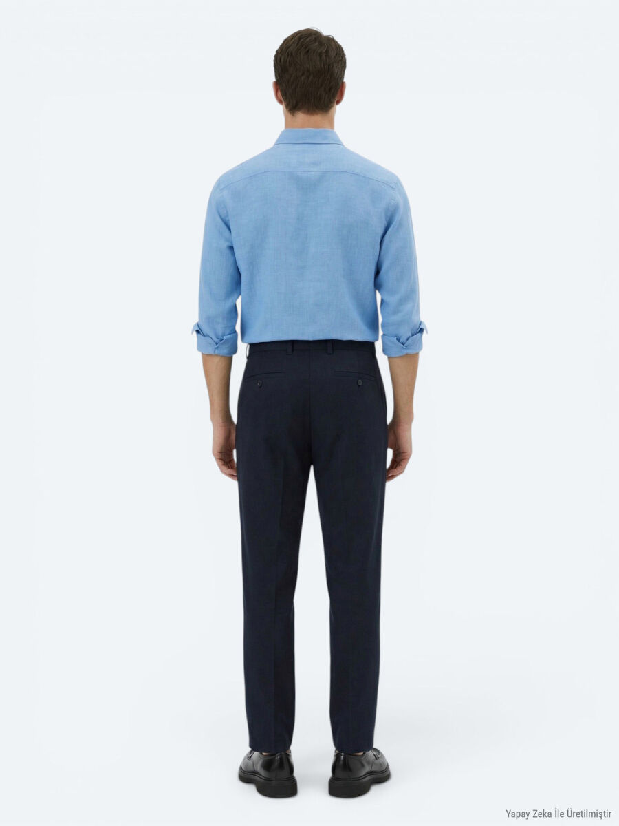 Lacivert Dokuma Loose Fit Casual Pantolon - 5