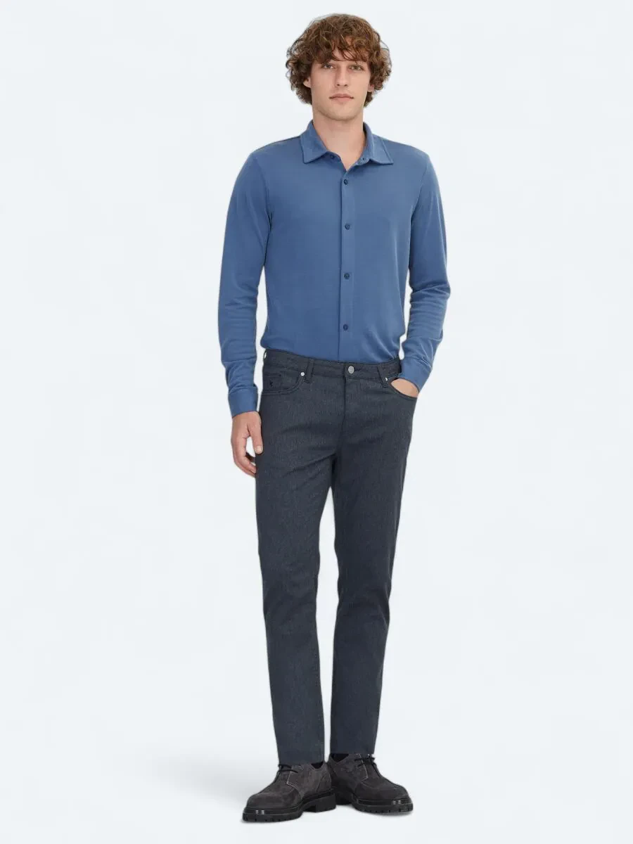 Lacivert Dokuma Regular Fit Casual Pamuk Karışımlı Pantolon - 1