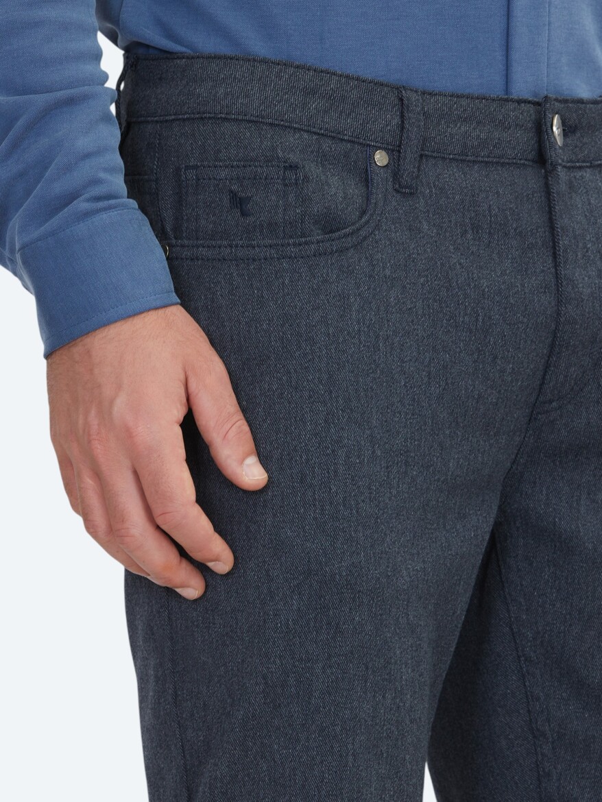 Lacivert Dokuma Regular Fit Casual Pamuk Karışımlı Pantolon - 3