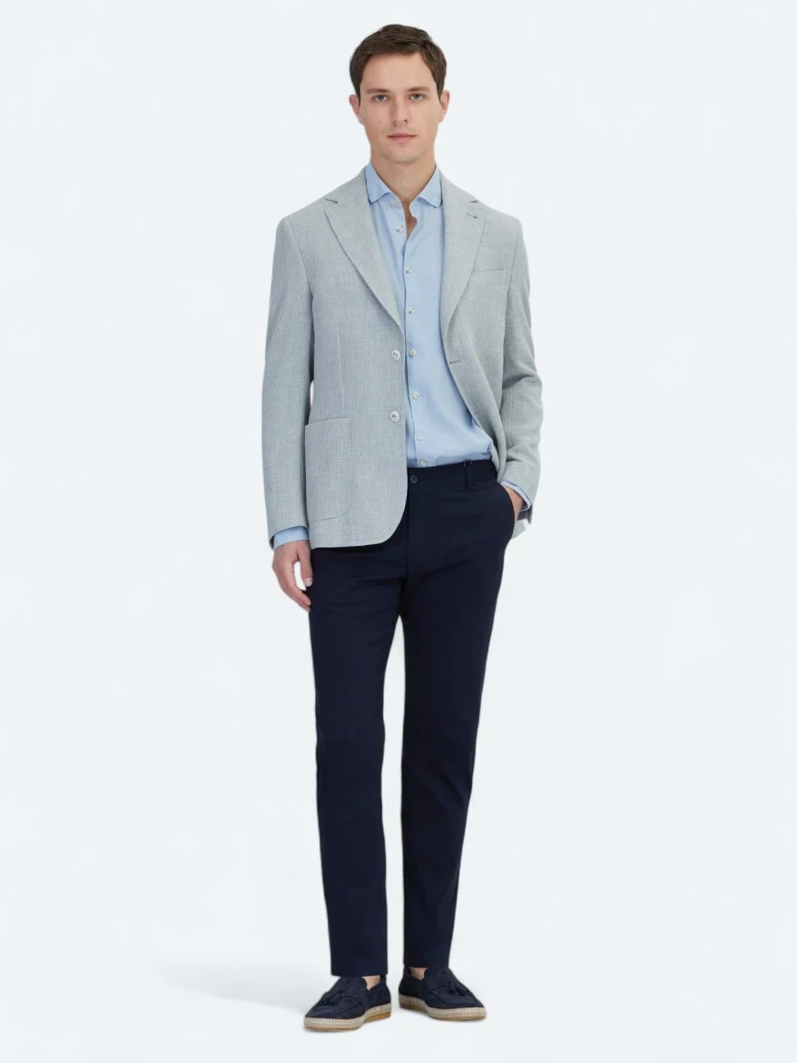 Lacivert Dokuma Regular Fit Casual Pamuk Karışımlı Pantolon - 1