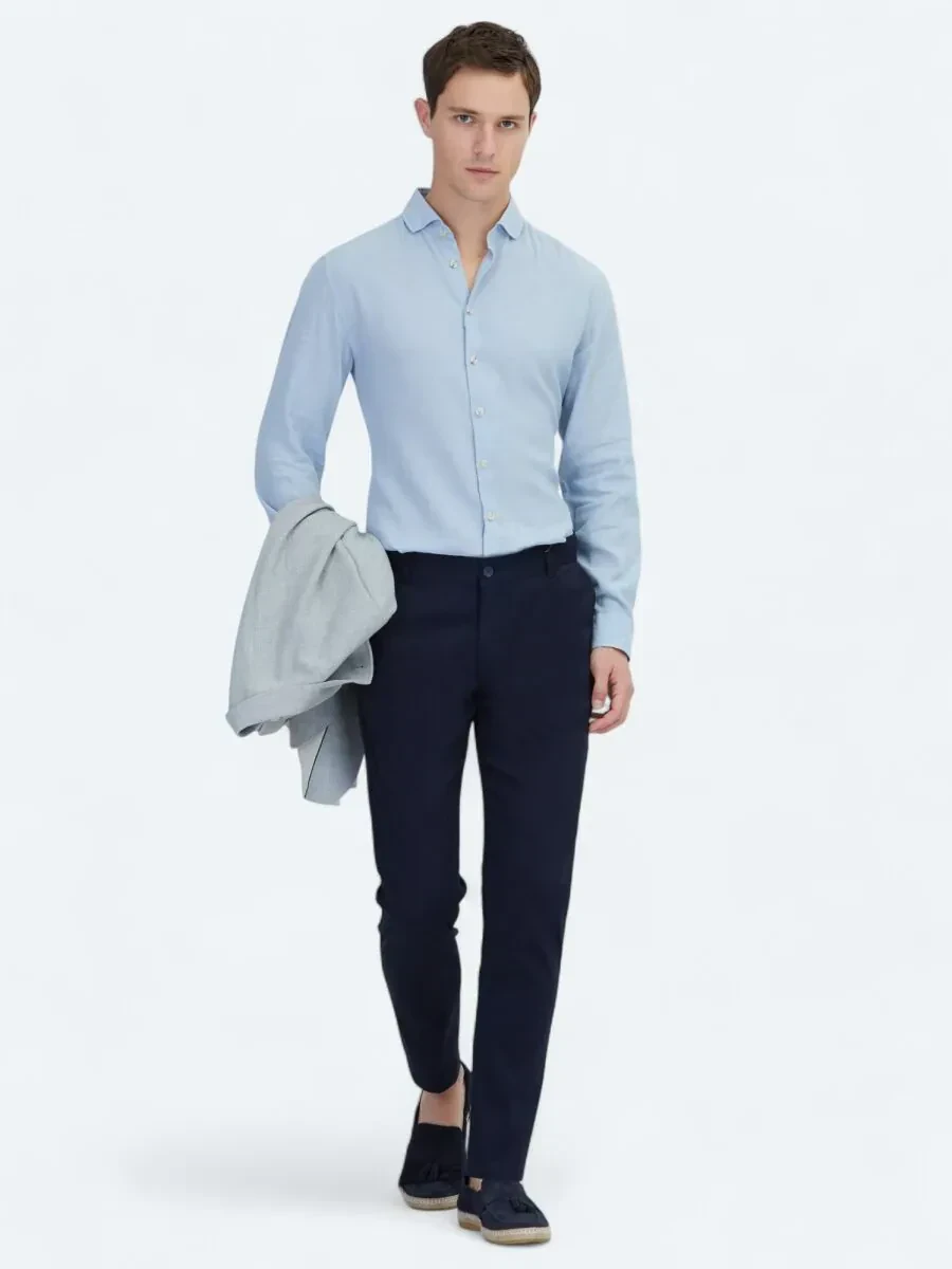 Lacivert Dokuma Regular Fit Casual Pamuk Karışımlı Pantolon - 2