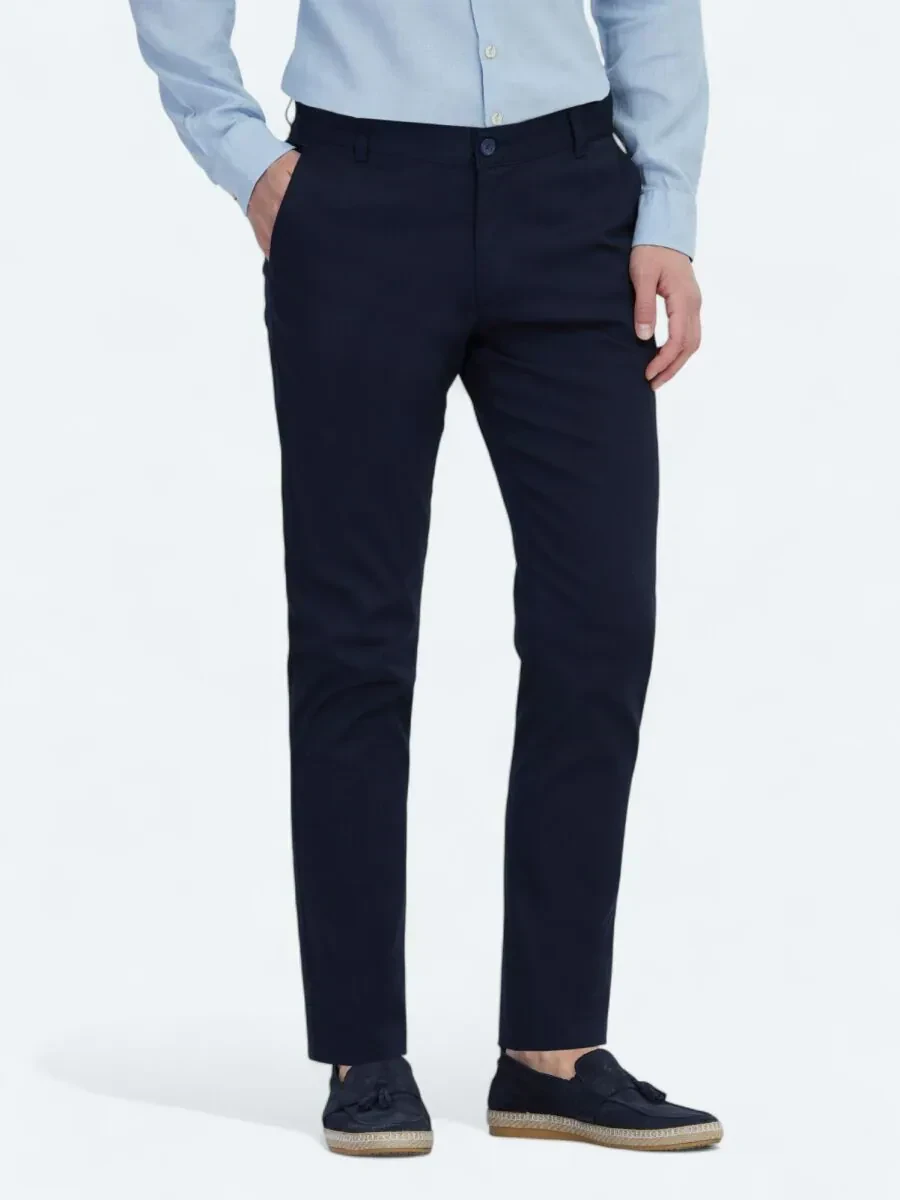 Lacivert Dokuma Regular Fit Casual Pamuk Karışımlı Pantolon - 3