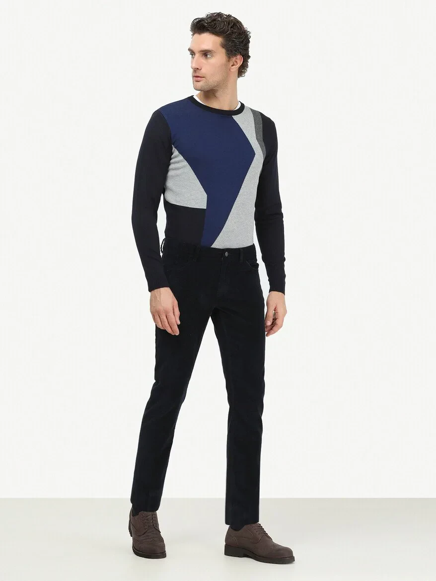 Lacivert Dokuma Regular Fit Kadife Casual Pamuk Karışımlı Pantolon - 2